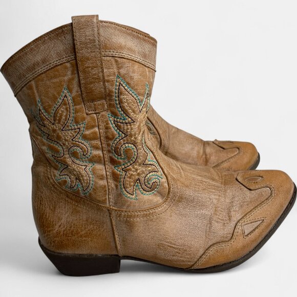 Arizona Ankle Boots Cowgirl Western Cowboy Faux Leather Tan Turquoise Women's 10 - Picture 2 of 12
